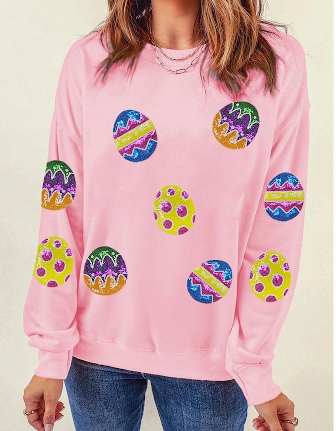 Pink Easter Egg Patched Graphic Drop Shoulder Pullover Sweatshirt