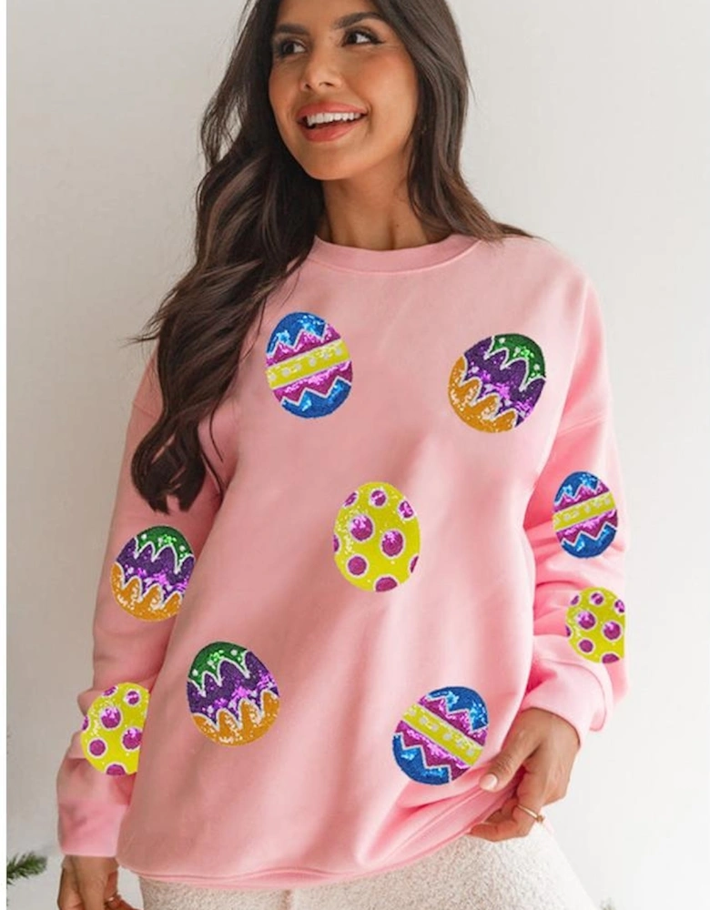Pink Easter Egg Patched Graphic Drop Shoulder Pullover Sweatshirt