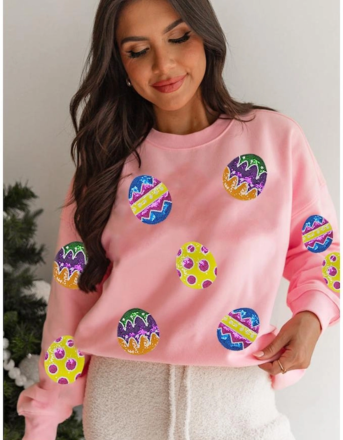 Pink Easter Egg Patched Graphic Drop Shoulder Pullover Sweatshirt, 6 of 5