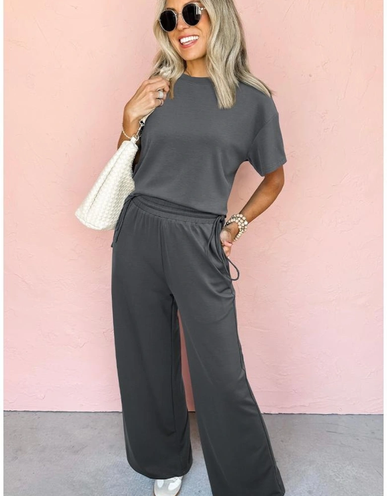 Dark Grey Drawstring Side Crewneck Tee and Loose Pants Set