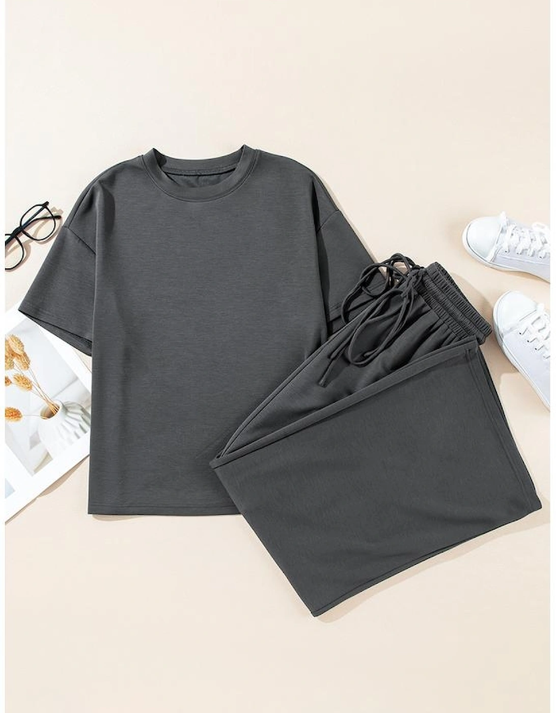 Dark Grey Drawstring Side Crewneck Tee and Loose Pants Set