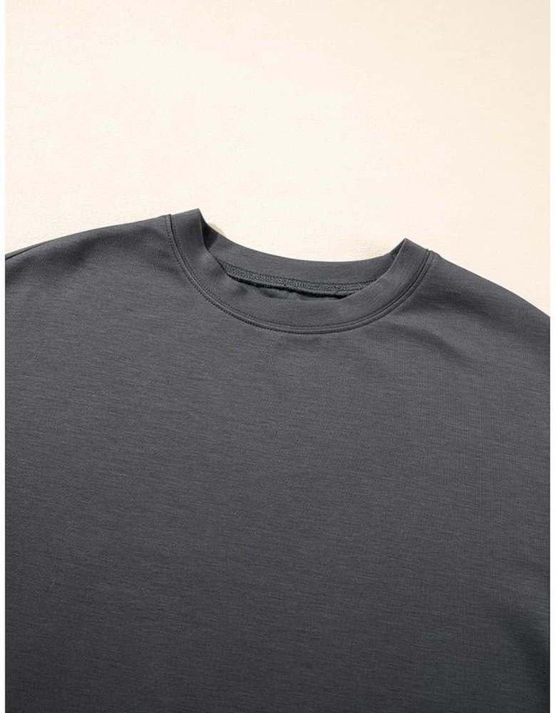 Dark Grey Drawstring Side Crewneck Tee and Loose Pants Set