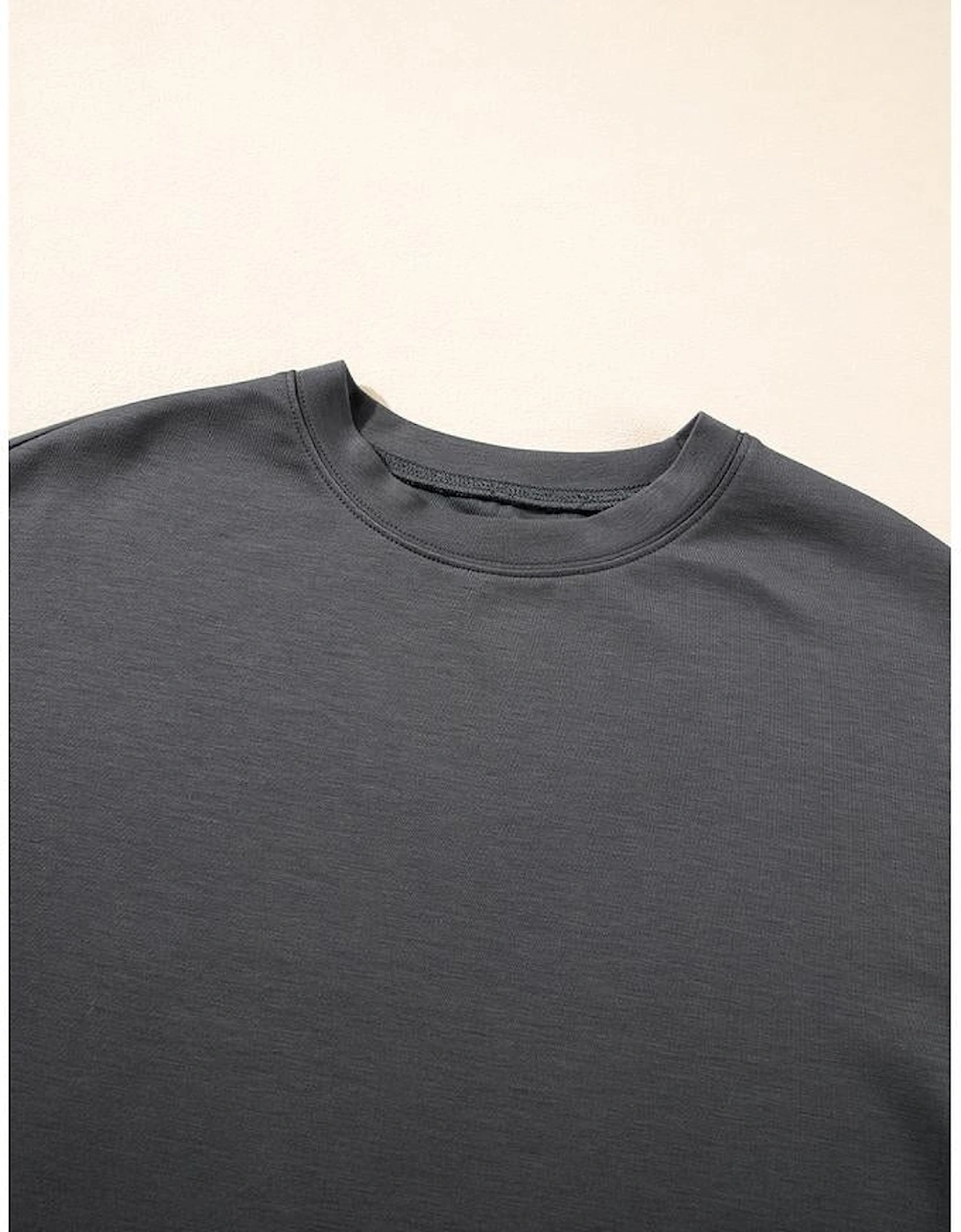 Dark Grey Drawstring Side Crewneck Tee and Loose Pants Set