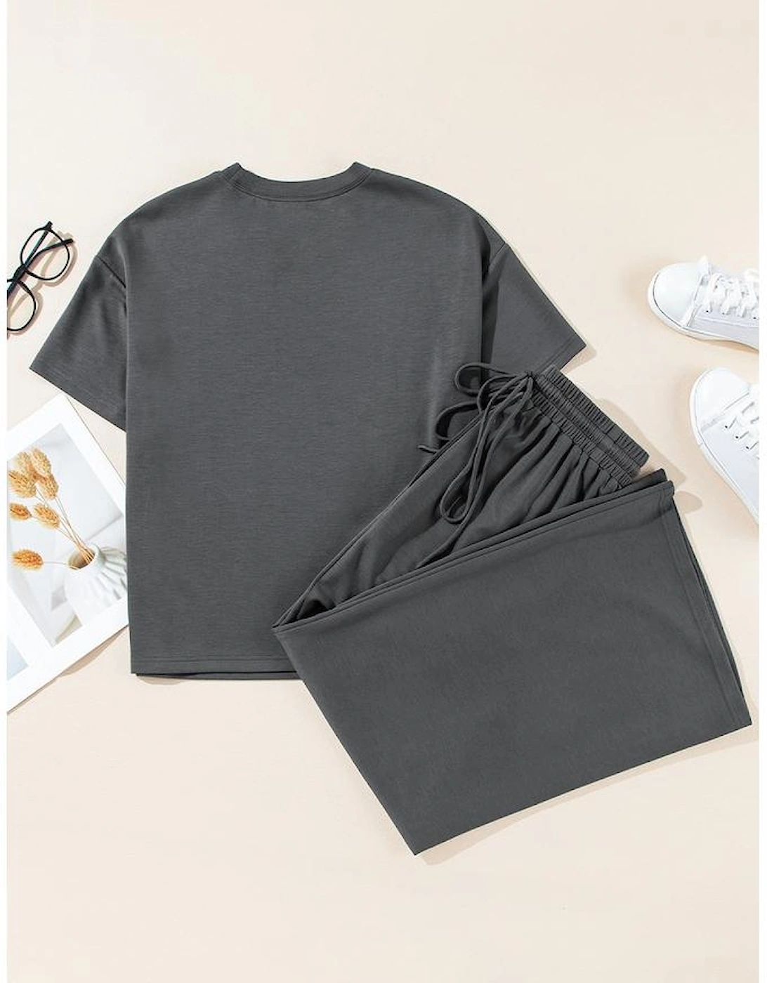 Dark Grey Drawstring Side Crewneck Tee and Loose Pants Set