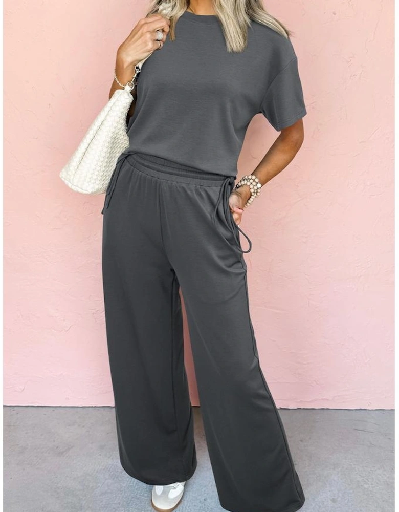 Dark Grey Drawstring Side Crewneck Tee and Loose Pants Set