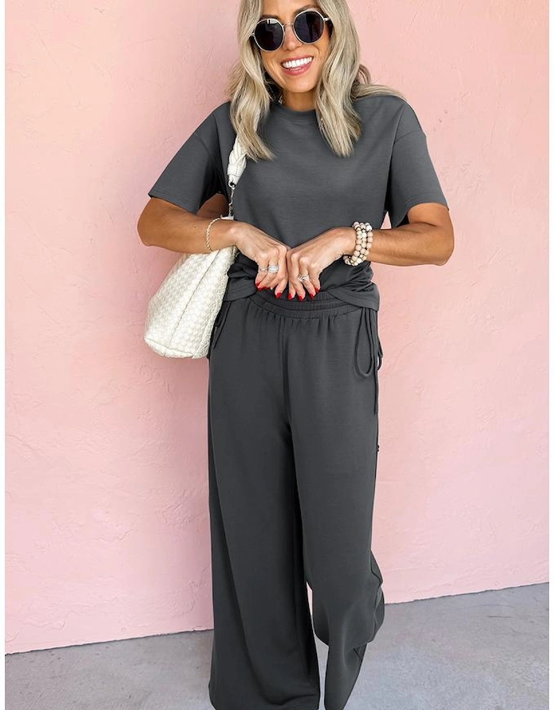 Dark Grey Drawstring Side Crewneck Tee and Loose Pants Set