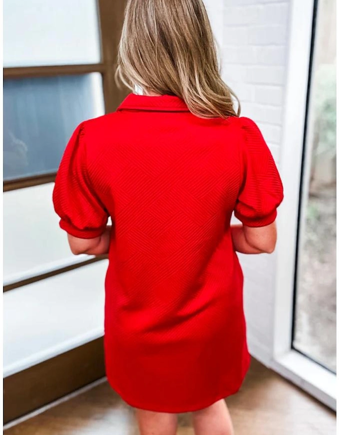 Fiery Red Textured Collared V Neck Puff Short Sleeve Shift Mini Dress, 13 of 12