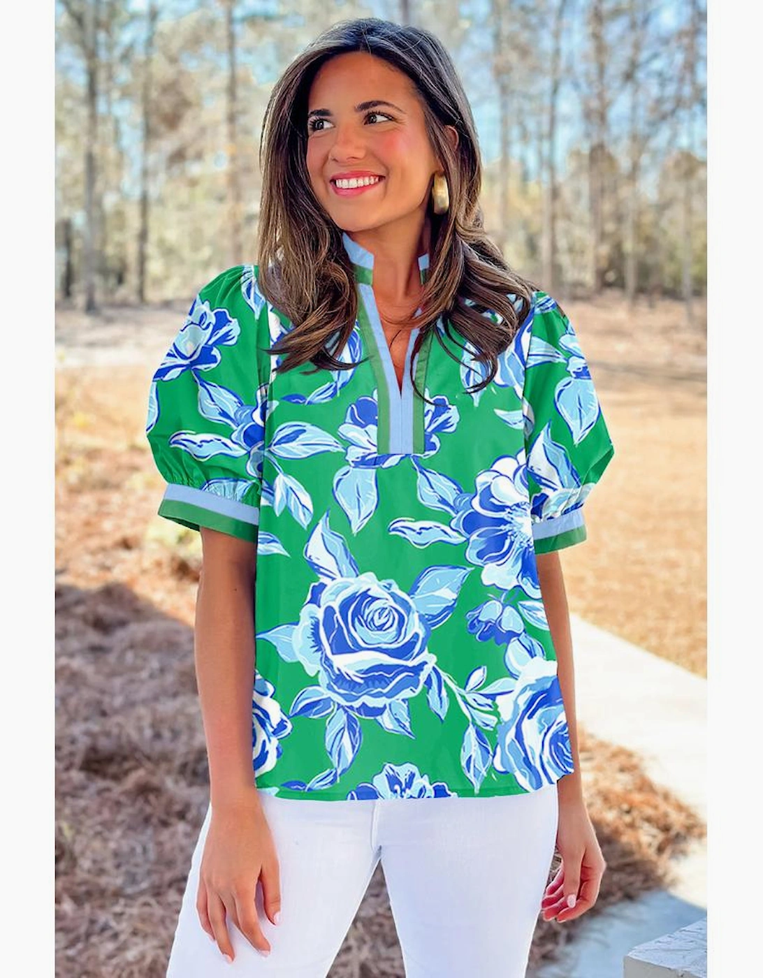 Bright Green Rose Floral Print Puff Short Sleeve Summer Blouse, 3 of 2