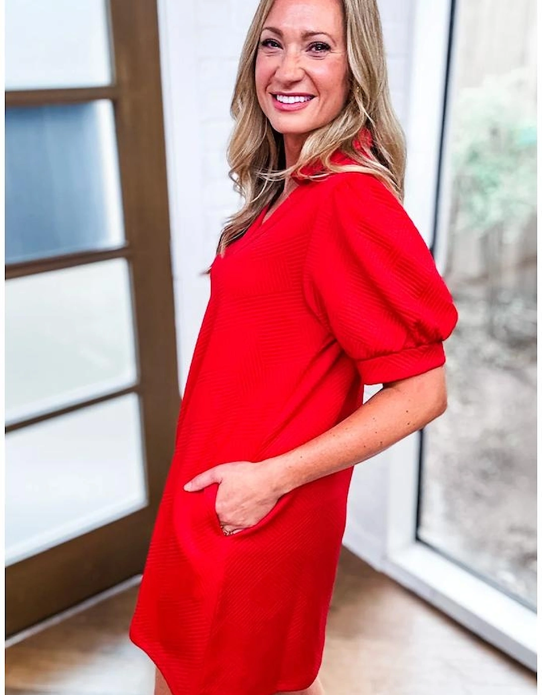 Fiery Red Textured Collared V Neck Puff Short Sleeve Shift Mini Dress