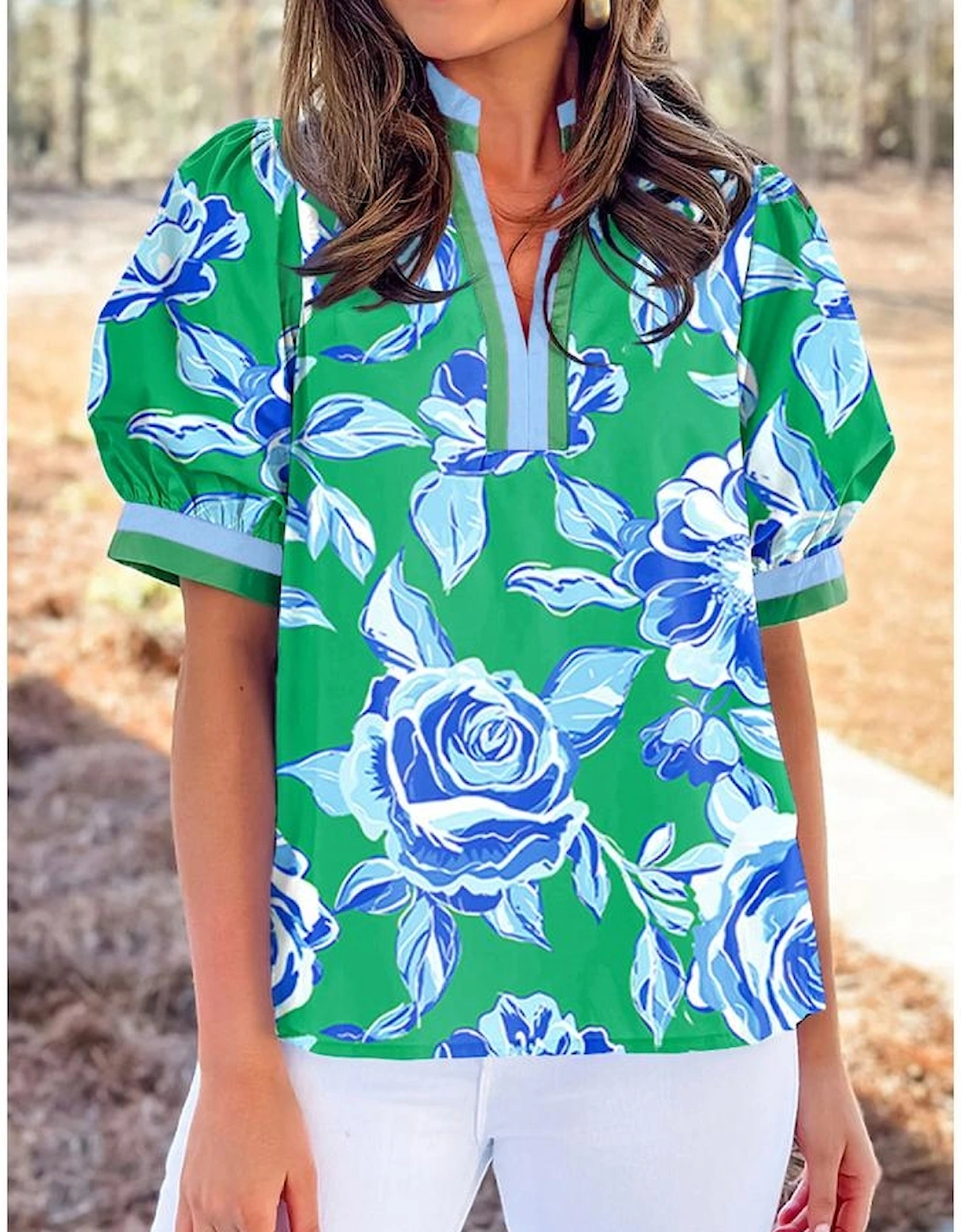 Bright Green Rose Floral Print Puff Short Sleeve Summer Blouse