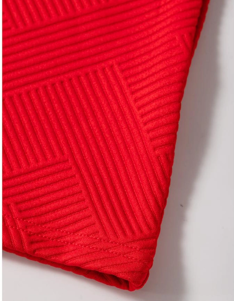 Fiery Red Textured Collared V Neck Puff Short Sleeve Shift Mini Dress