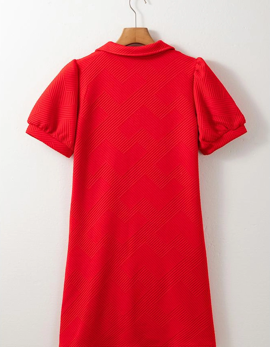 Fiery Red Textured Collared V Neck Puff Short Sleeve Shift Mini Dress