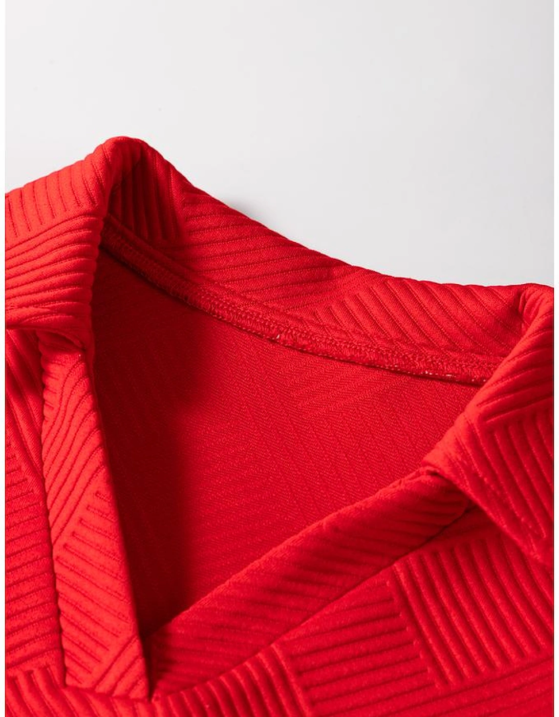 Fiery Red Textured Collared V Neck Puff Short Sleeve Shift Mini Dress