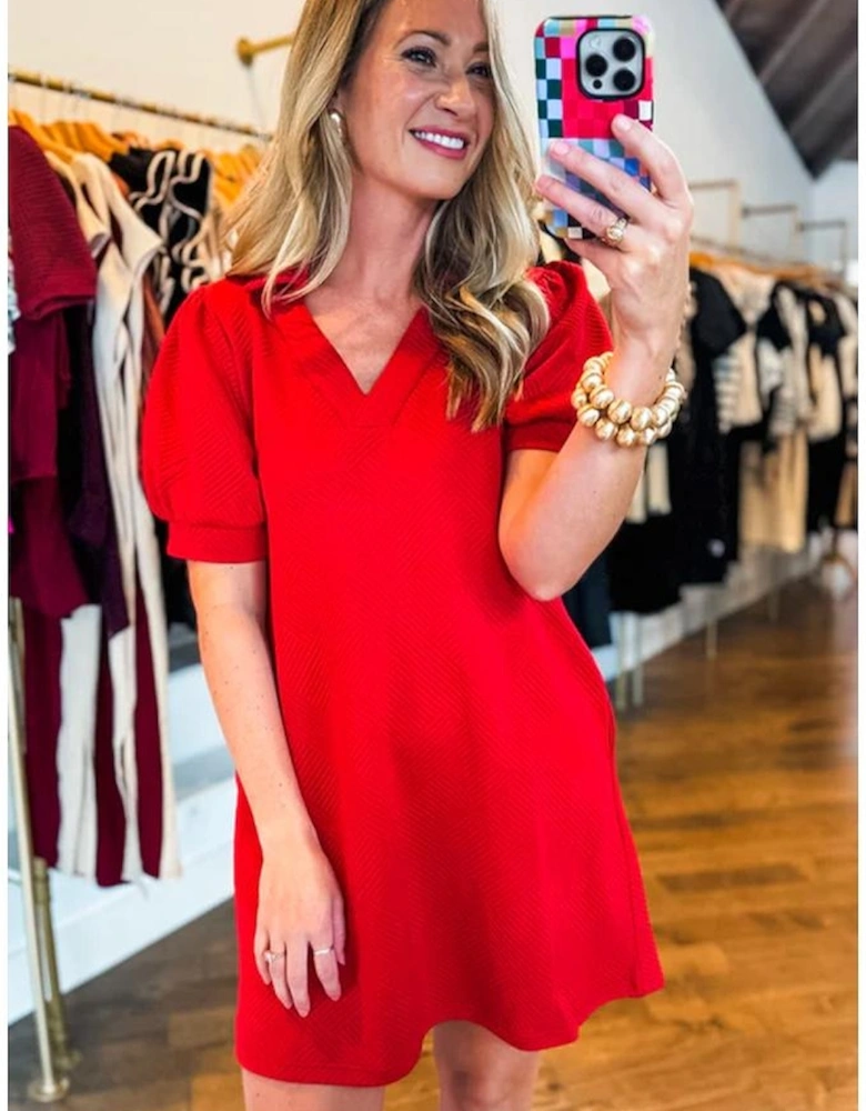 Fiery Red Textured Collared V Neck Puff Short Sleeve Shift Mini Dress