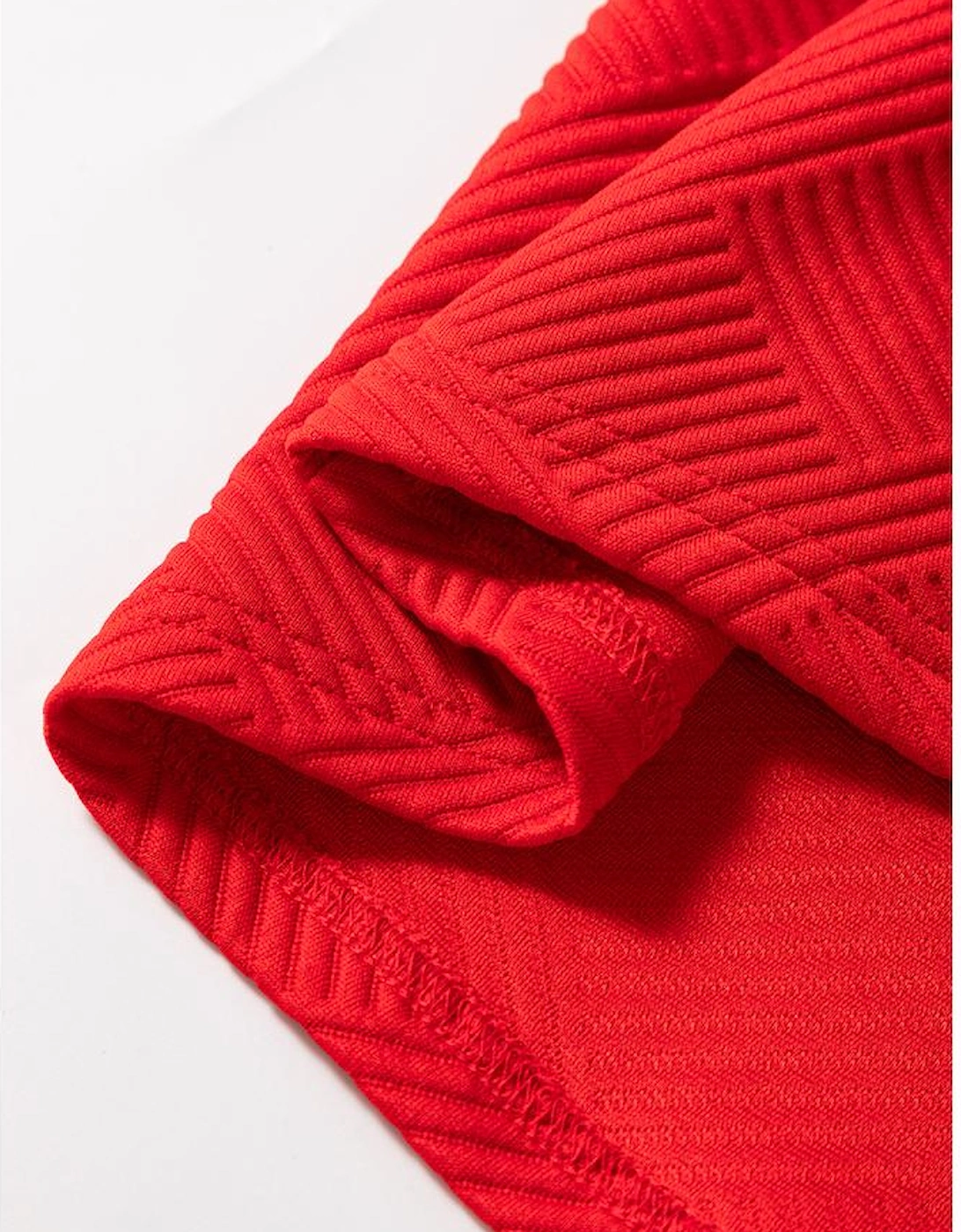 Fiery Red Textured Collared V Neck Puff Short Sleeve Shift Mini Dress