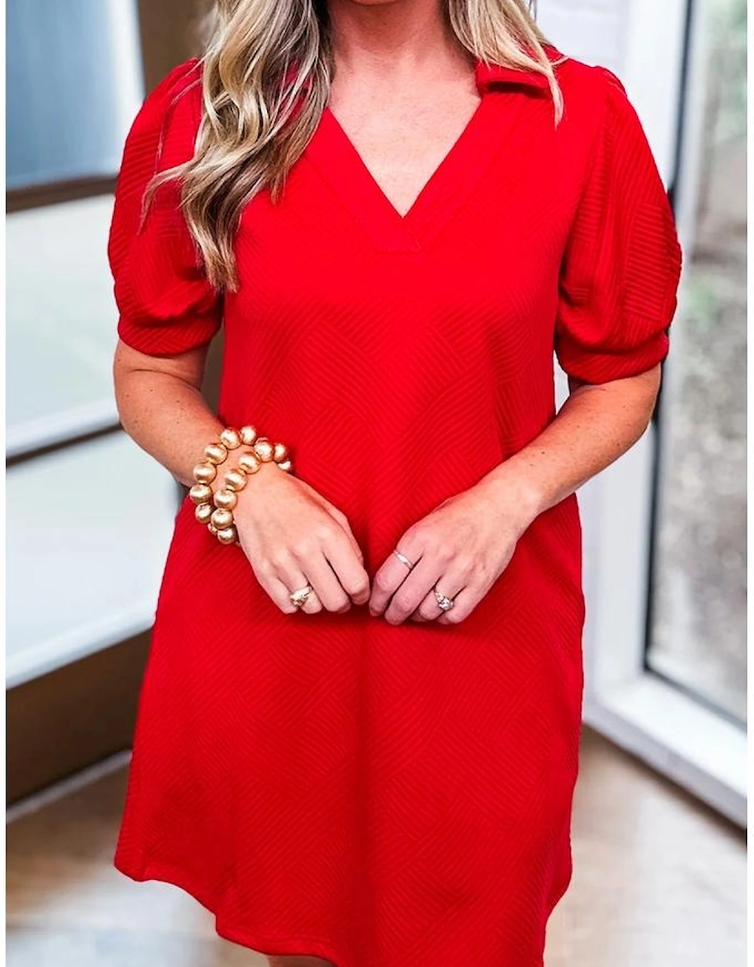 Fiery Red Textured Collared V Neck Puff Short Sleeve Shift Mini Dress