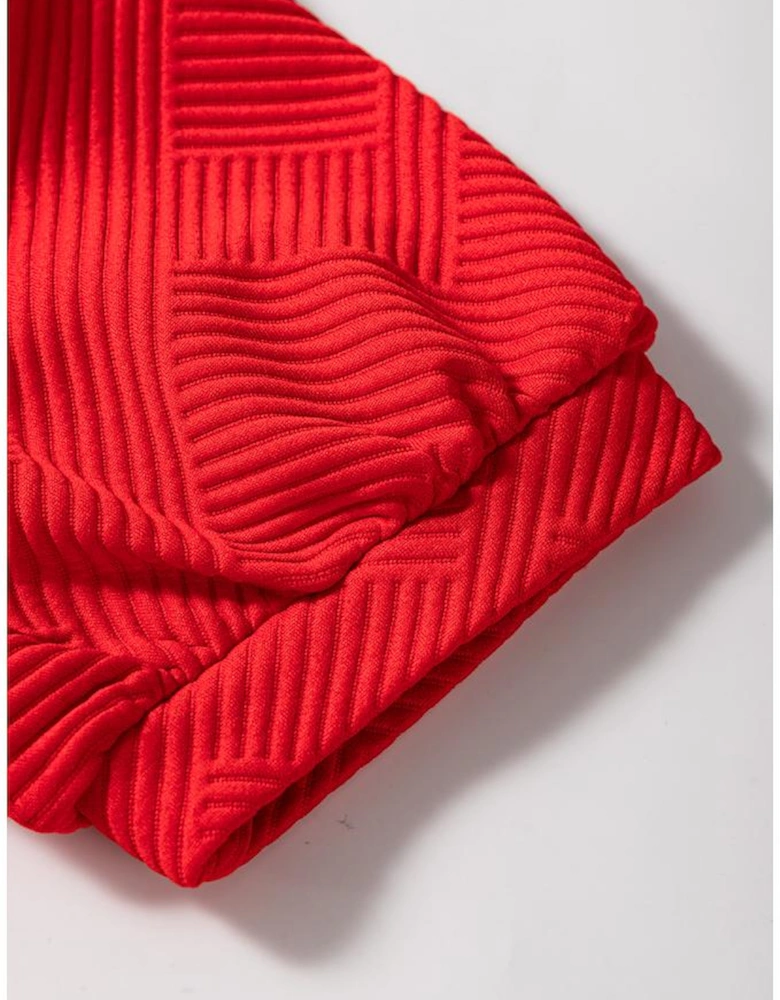 Fiery Red Textured Collared V Neck Puff Short Sleeve Shift Mini Dress