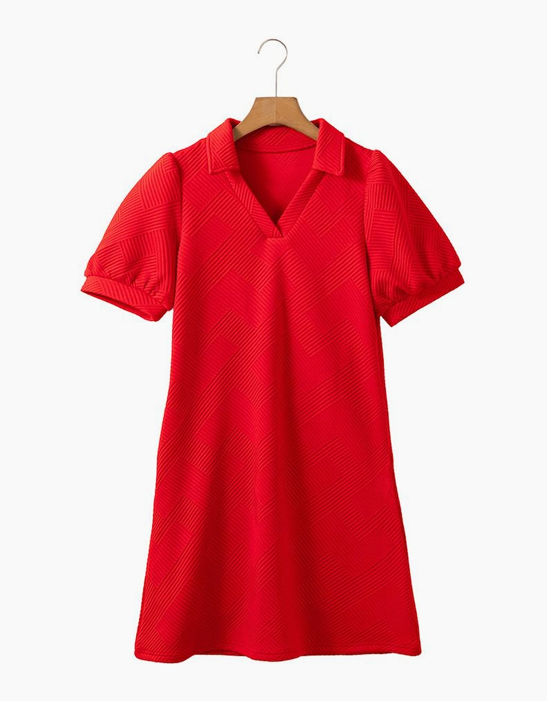Fiery Red Textured Collared V Neck Puff Short Sleeve Shift Mini Dress