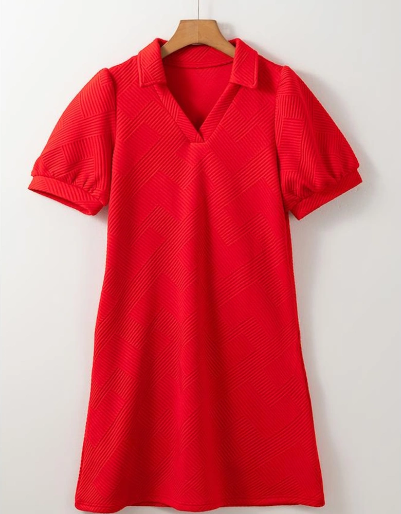 Fiery Red Textured Collared V Neck Puff Short Sleeve Shift Mini Dress
