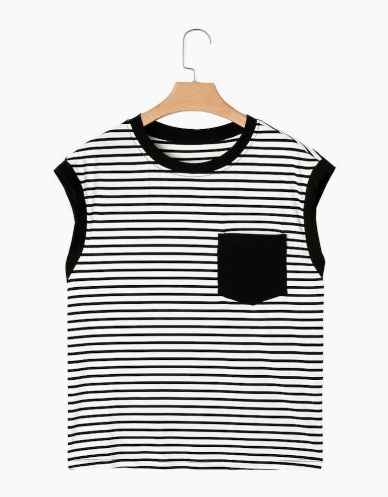 Black Stripe Chest Pocket Patch Round Neck Tank Top