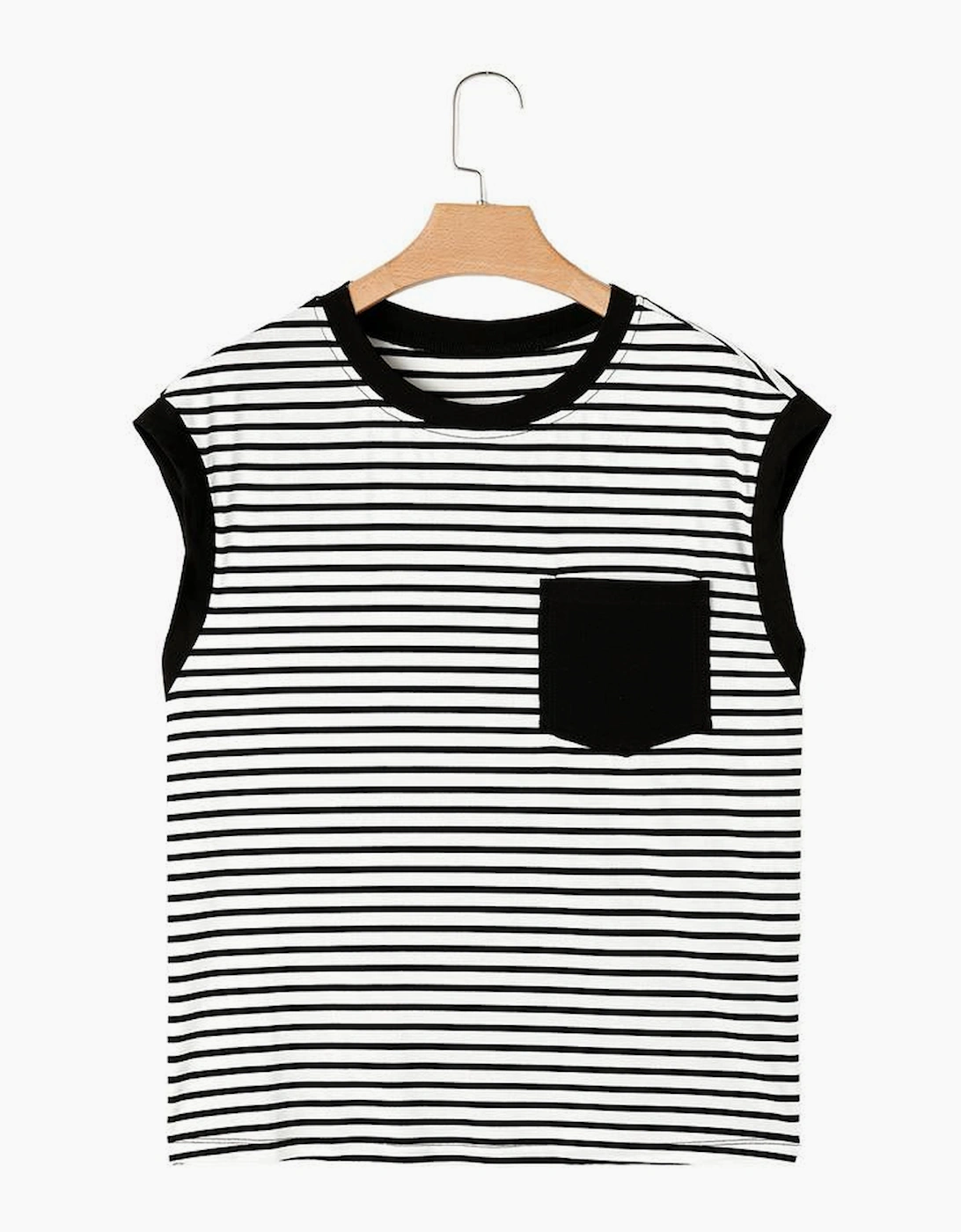 Black Stripe Chest Pocket Patch Round Neck Tank Top