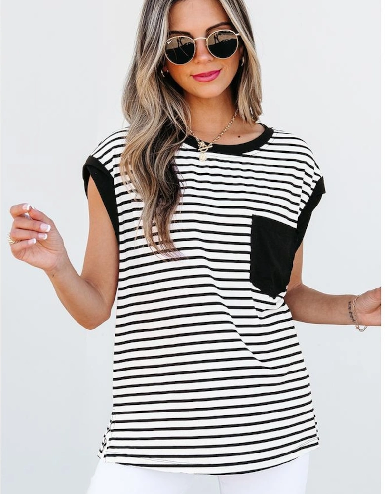 Black Stripe Chest Pocket Patch Round Neck Tank Top