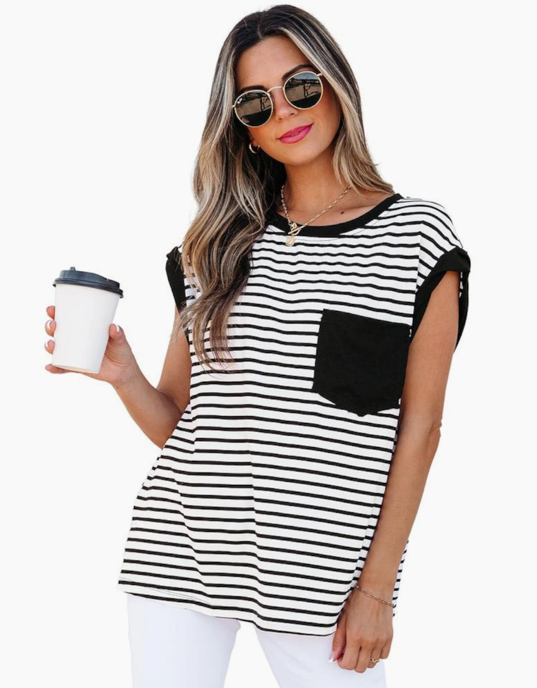 Black Stripe Chest Pocket Patch Round Neck Tank Top