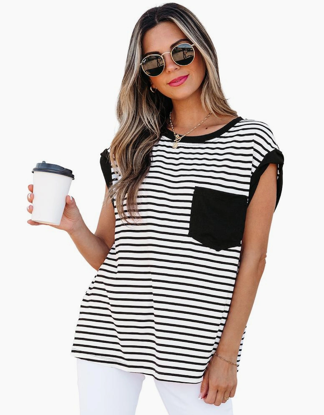 Black Stripe Chest Pocket Patch Round Neck Tank Top