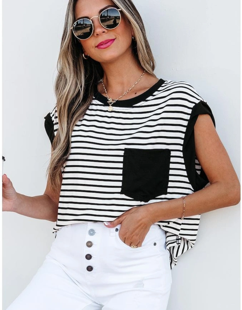Black Stripe Chest Pocket Patch Round Neck Tank Top