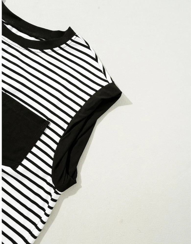 Black Stripe Chest Pocket Patch Round Neck Tank Top