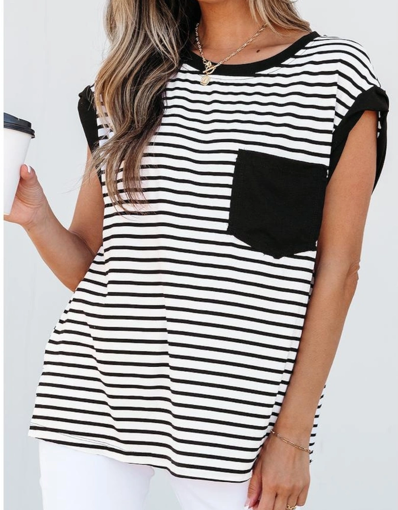 Black Stripe Chest Pocket Patch Round Neck Tank Top