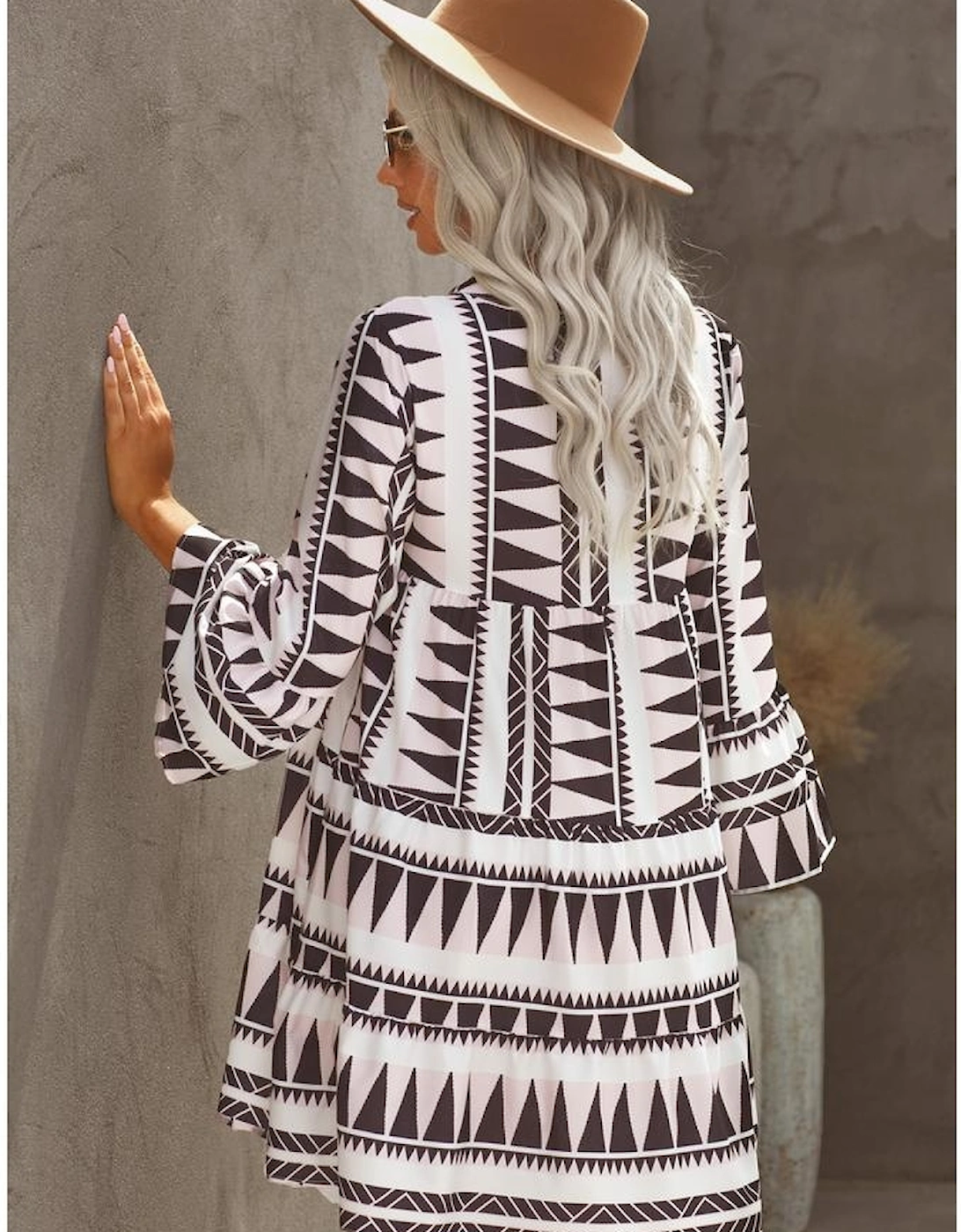 Azura Exchange Geometric Print V-Neck Ruffle Swing Mini Dress