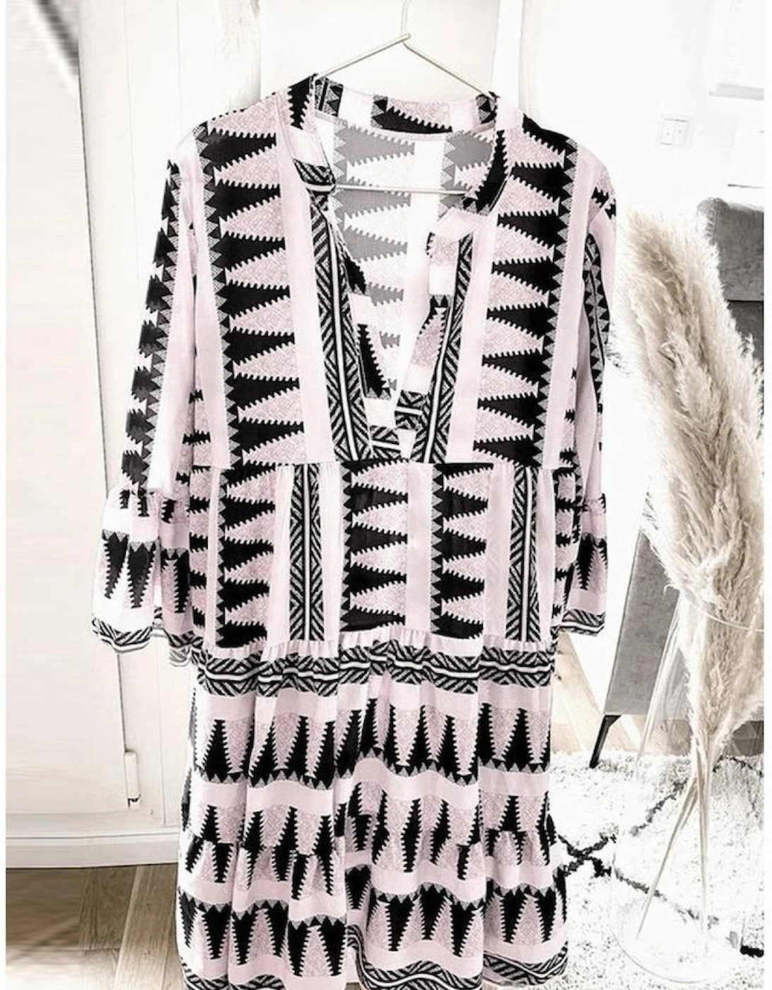 Azura Exchange Geometric Print V-Neck Ruffle Swing Mini Dress