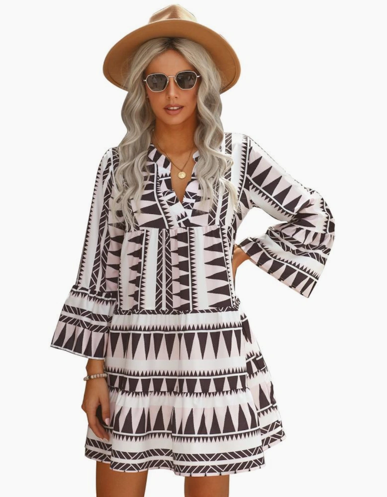 Azura Exchange Geometric Print V-Neck Ruffle Swing Mini Dress