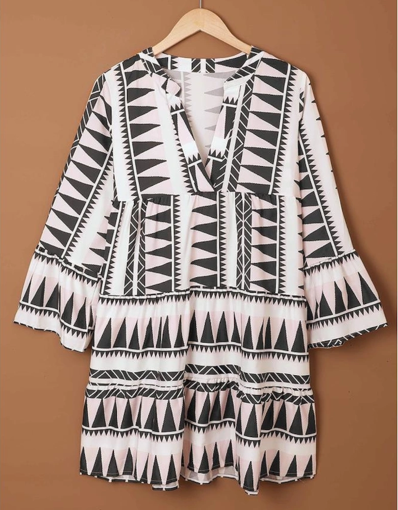 Azura Exchange Geometric Print V-Neck Ruffle Swing Mini Dress
