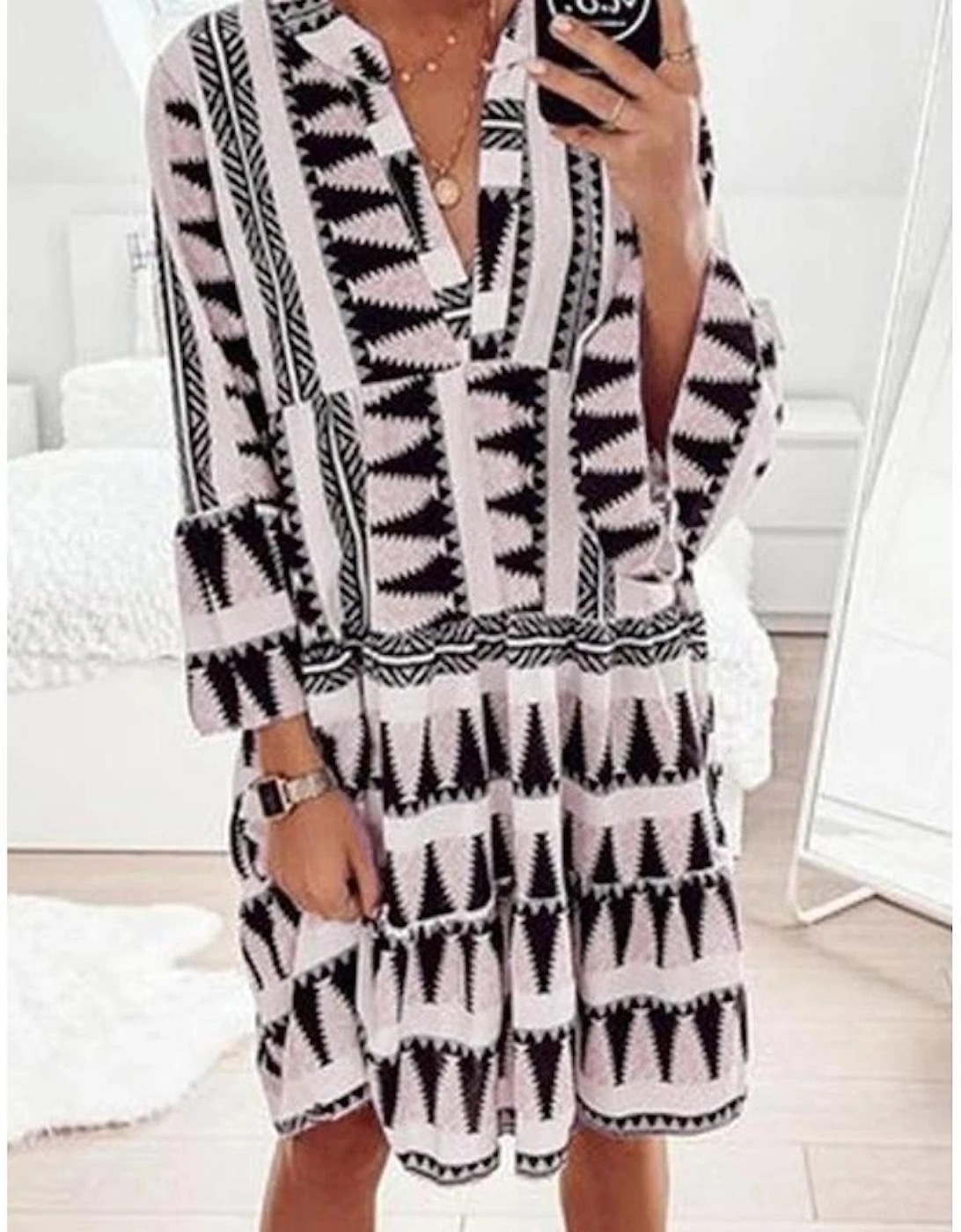 Azura Exchange Geometric Print V-Neck Ruffle Swing Mini Dress