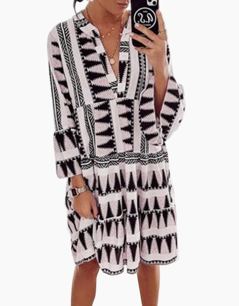 Azura Exchange Geometric Print V-Neck Ruffle Swing Mini Dress
