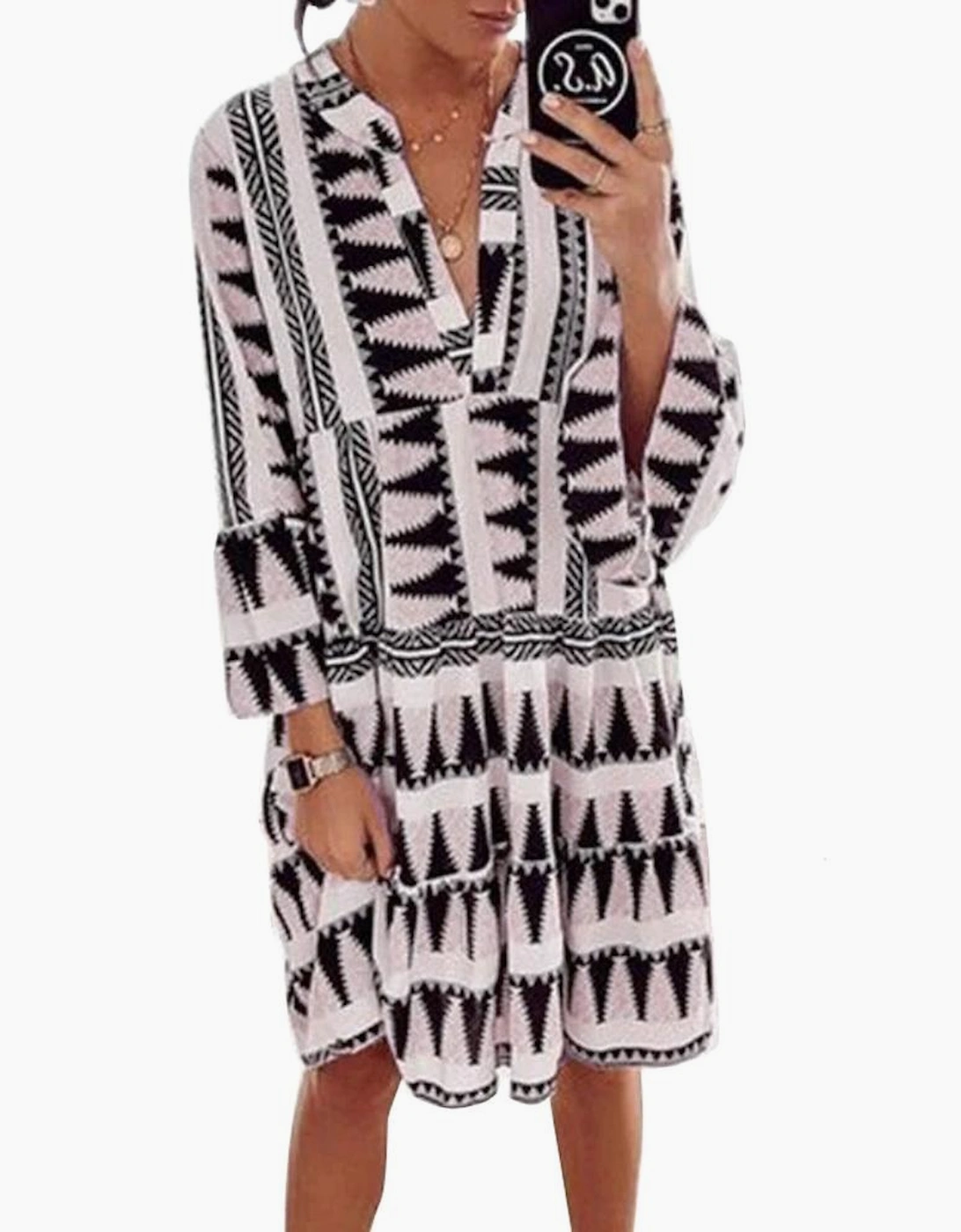 Azura Exchange Geometric Print V-Neck Ruffle Swing Mini Dress