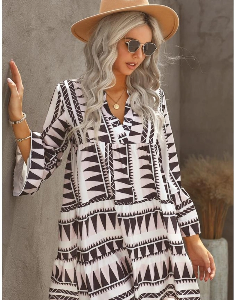 Azura Exchange Geometric Print V-Neck Ruffle Swing Mini Dress