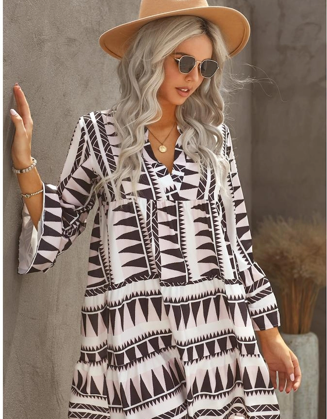 Azura Exchange Geometric Print V-Neck Ruffle Swing Mini Dress