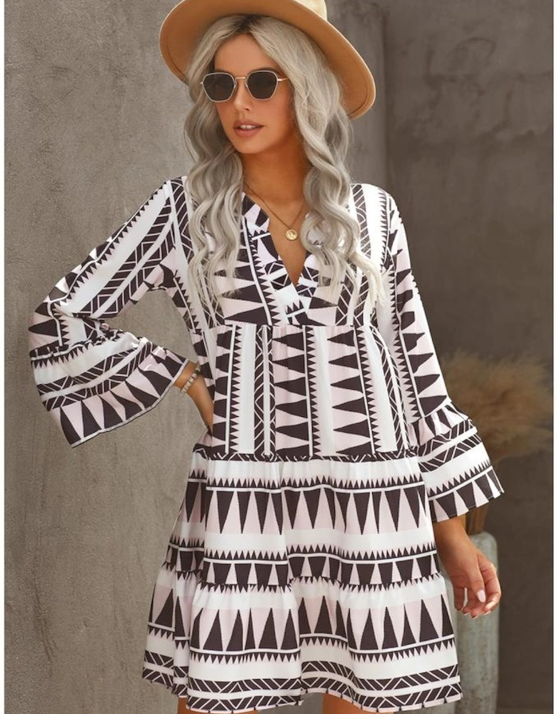 Azura Exchange Geometric Print V-Neck Ruffle Swing Mini Dress