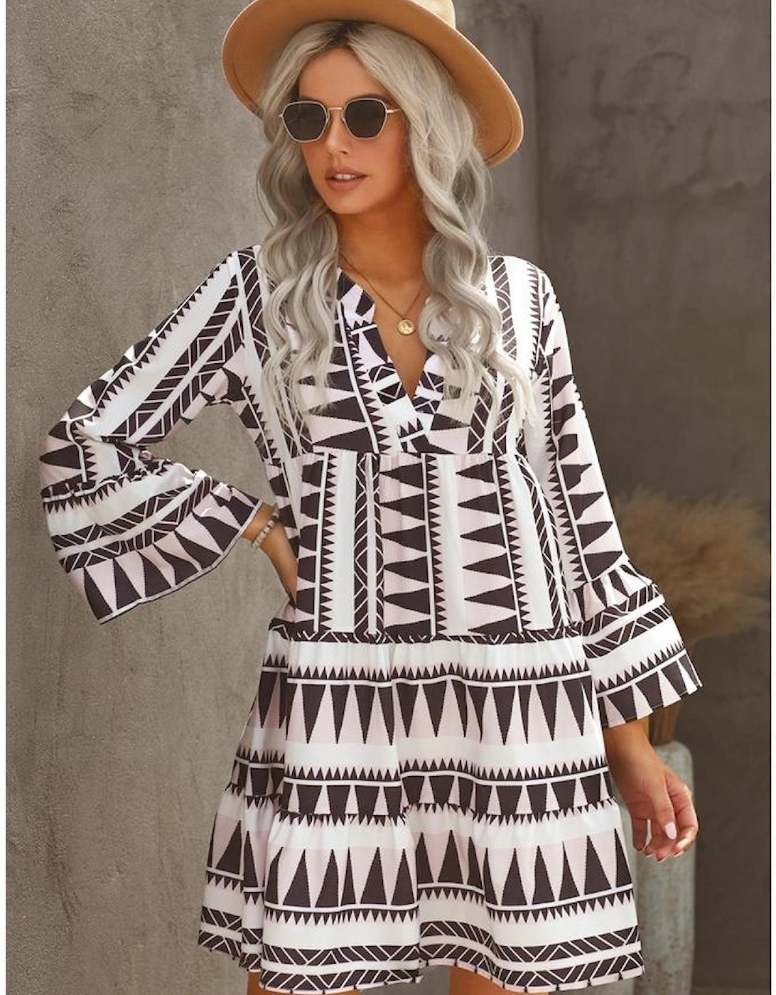 Azura Exchange Geometric Print V-Neck Ruffle Swing Mini Dress