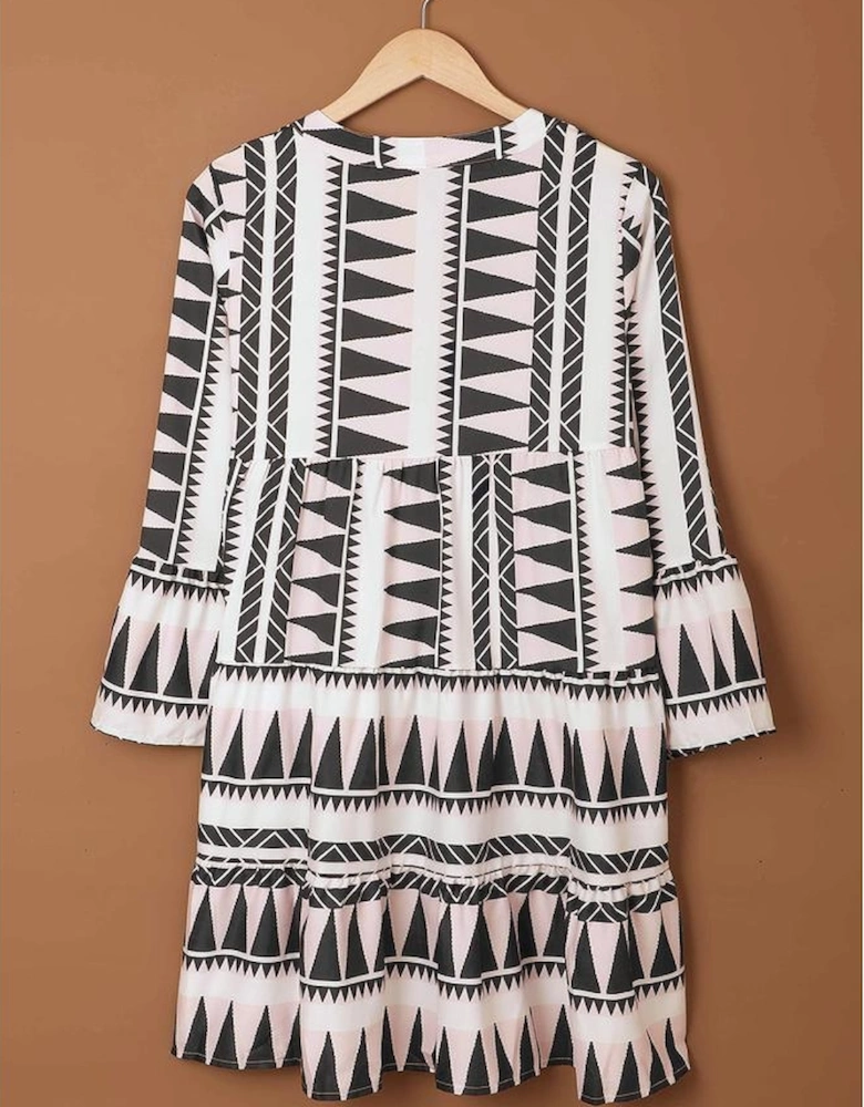 Azura Exchange Geometric Print V-Neck Ruffle Swing Mini Dress