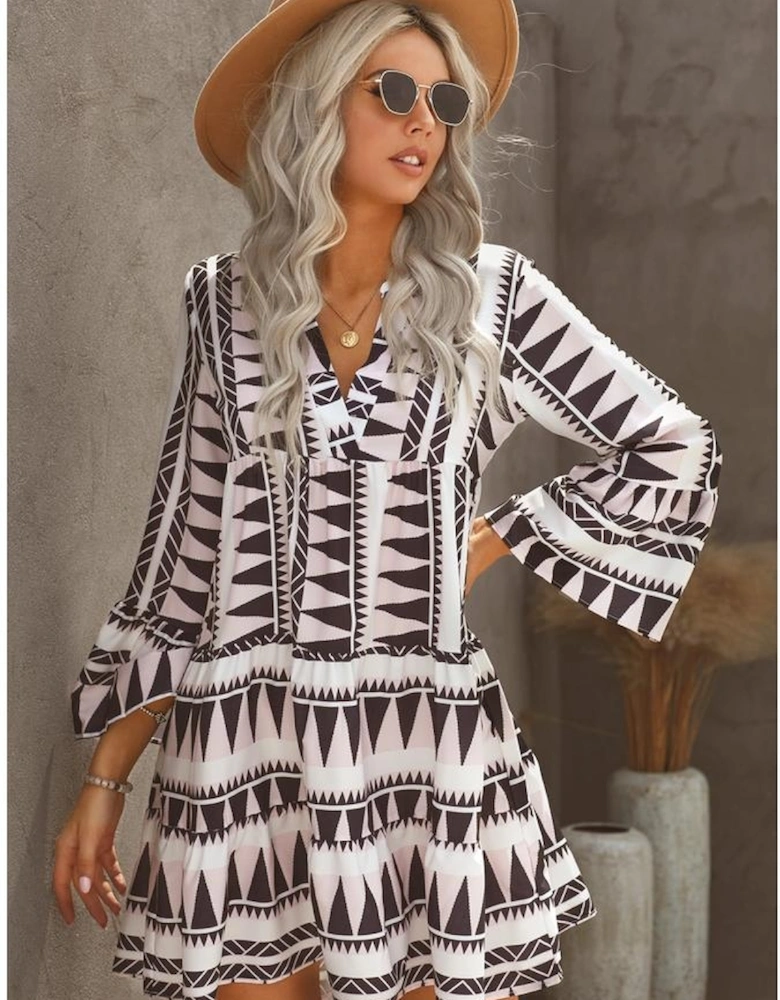Azura Exchange Geometric Print V-Neck Ruffle Swing Mini Dress