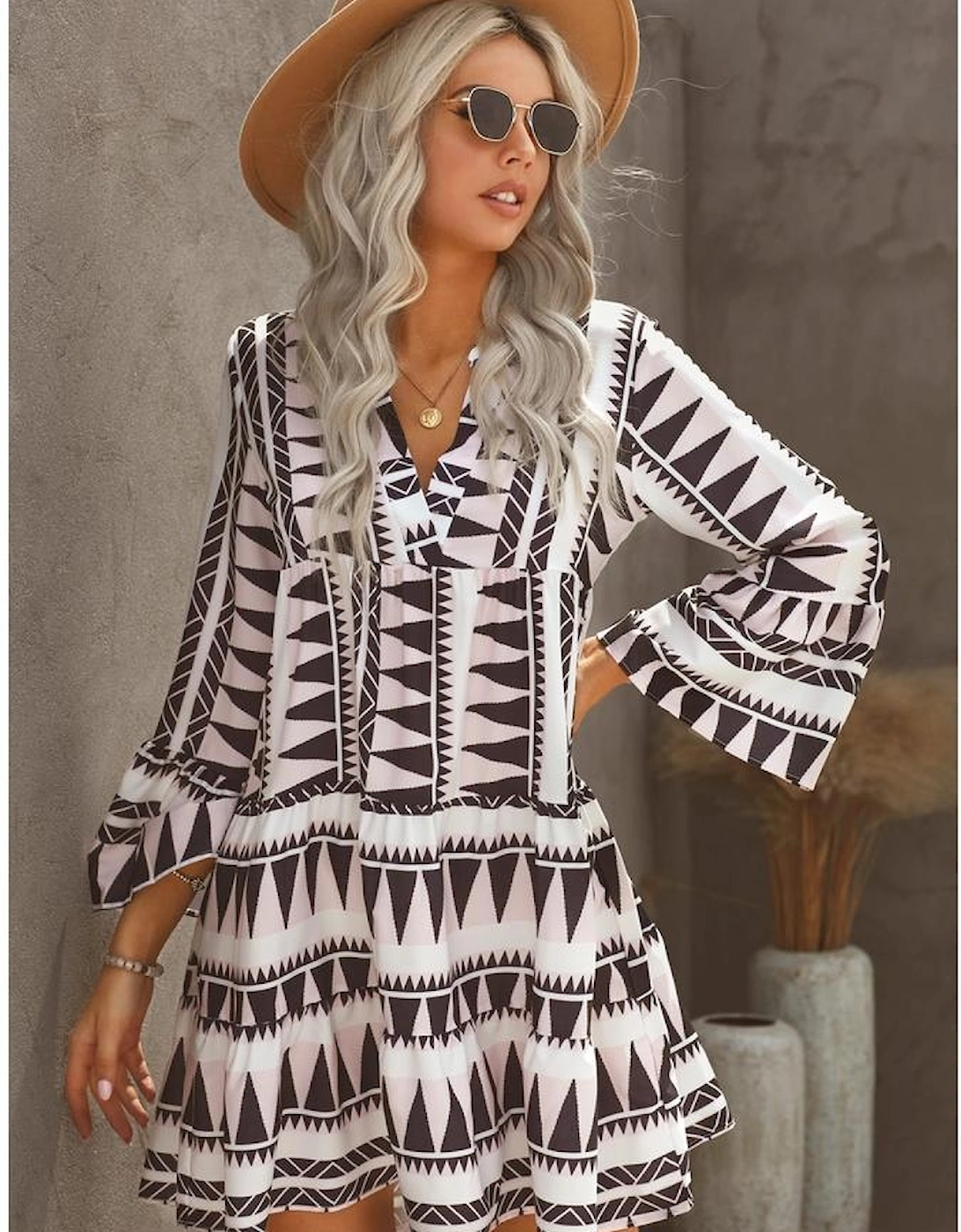 Azura Exchange Geometric Print V-Neck Ruffle Swing Mini Dress