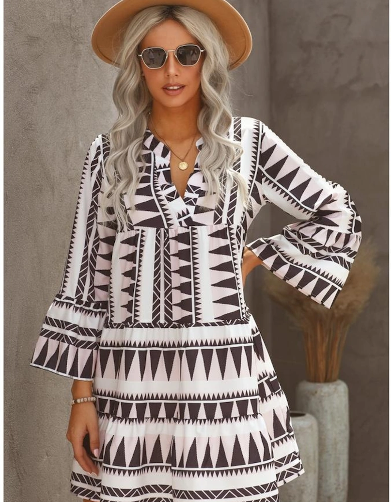 Azura Exchange Geometric Print V-Neck Ruffle Swing Mini Dress
