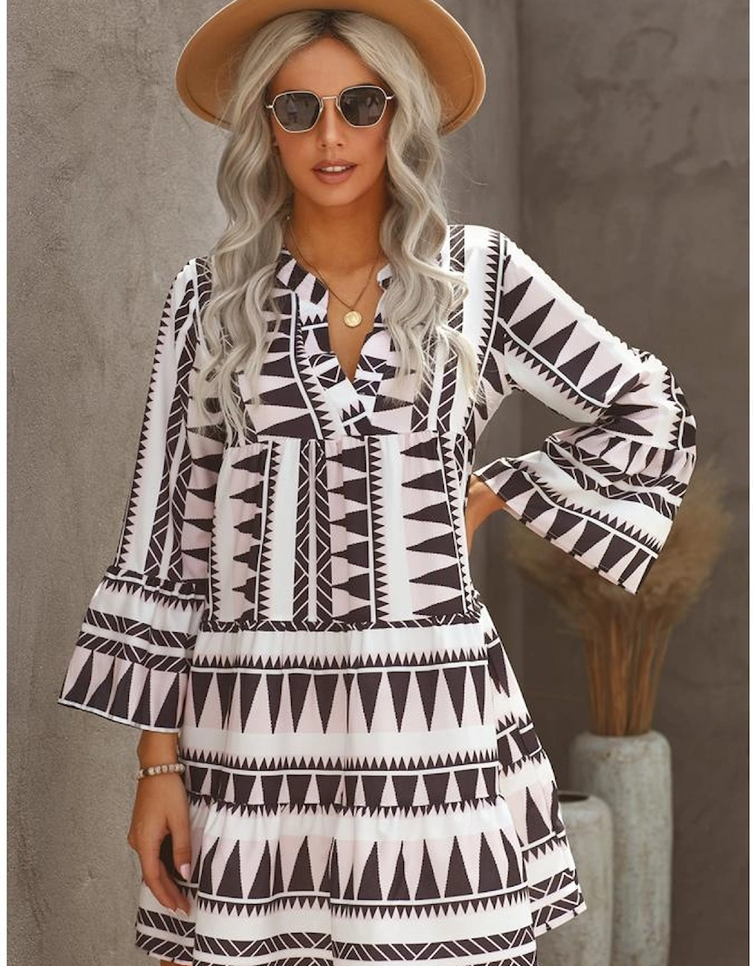 Azura Exchange Geometric Print V-Neck Ruffle Swing Mini Dress