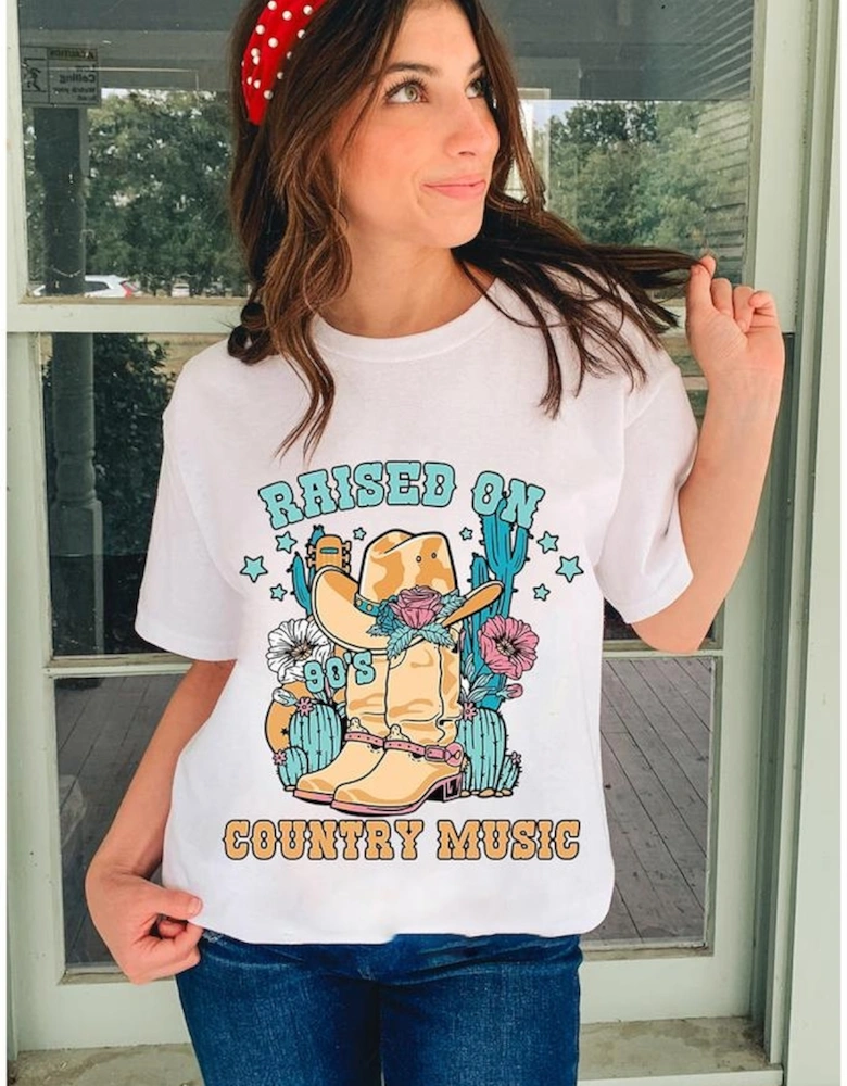 White RAISED ON COUNTRY MUSIC Western Graphic Tee