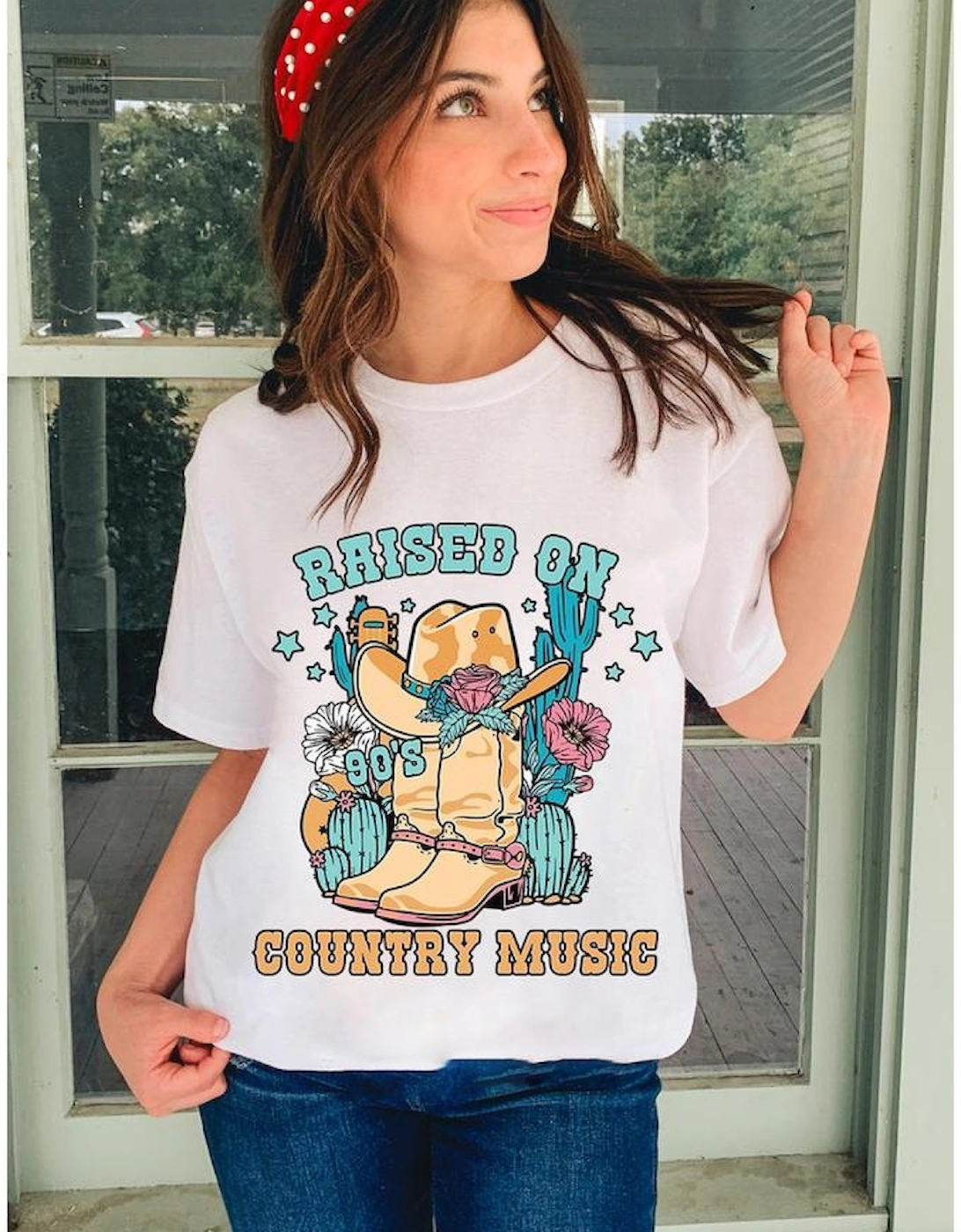 White RAISED ON COUNTRY MUSIC Western Graphic Tee