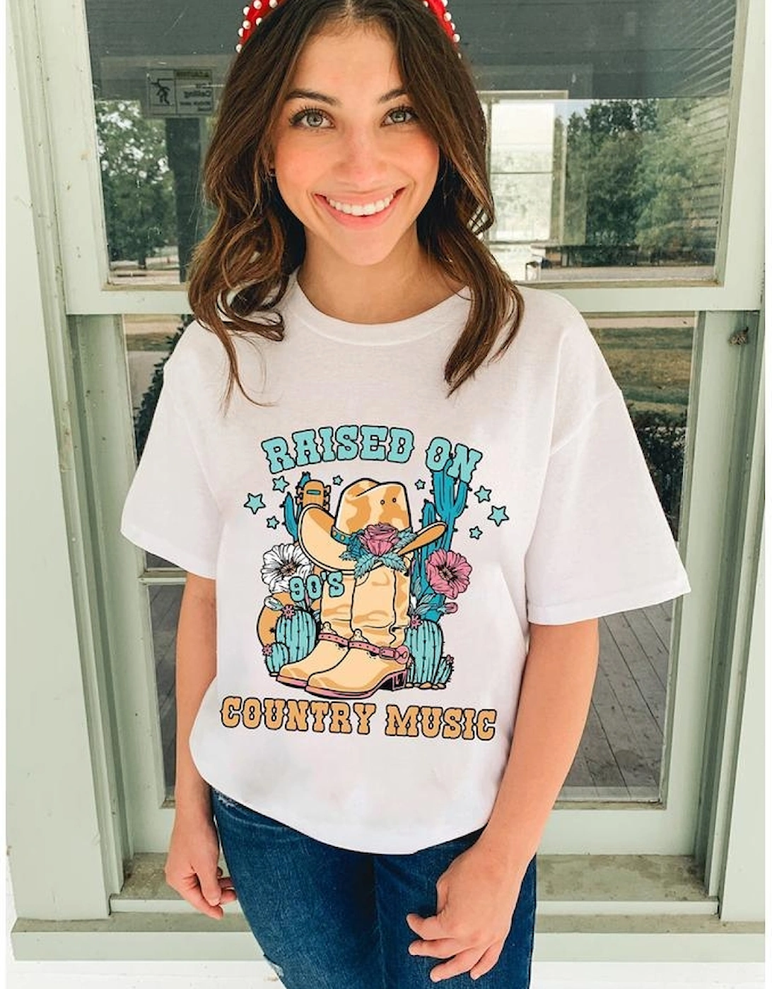 White RAISED ON COUNTRY MUSIC Western Graphic Tee